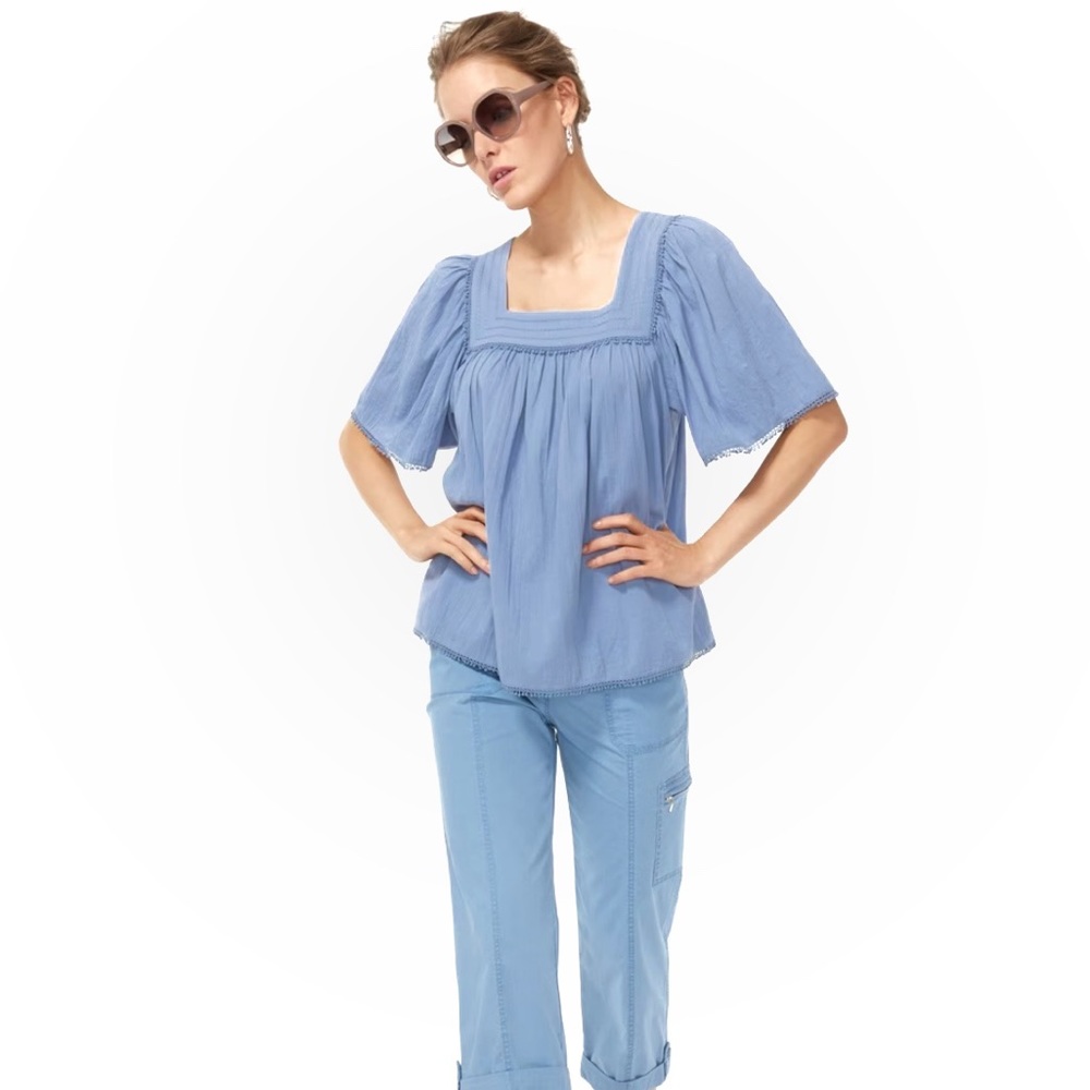 Philosophy Cornflower Blue Square Neck Embroidered Lightweight Oversized Top